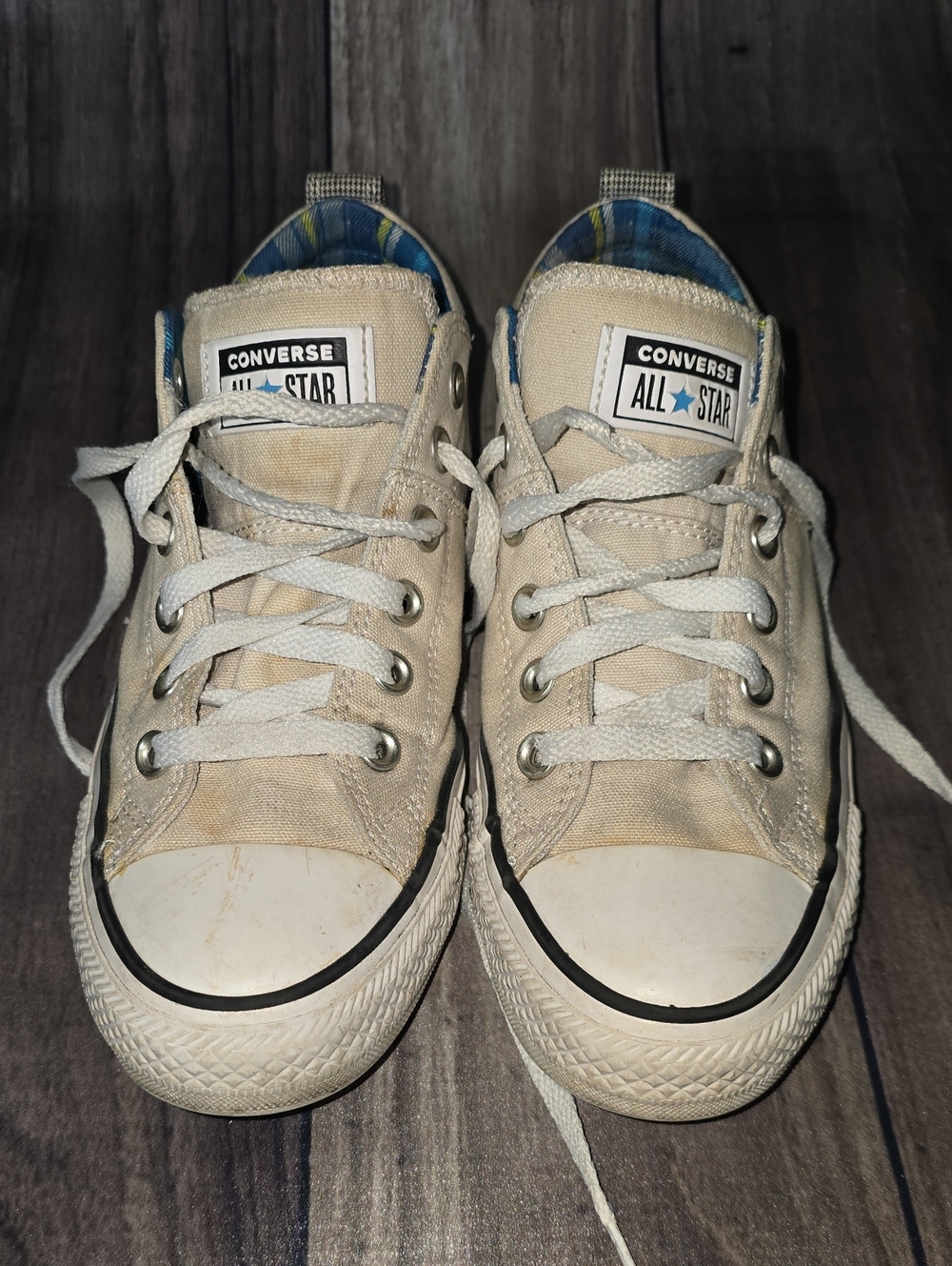 All Star Converse Adult Low Top Sneakers in Beige, With Blue and Yellow